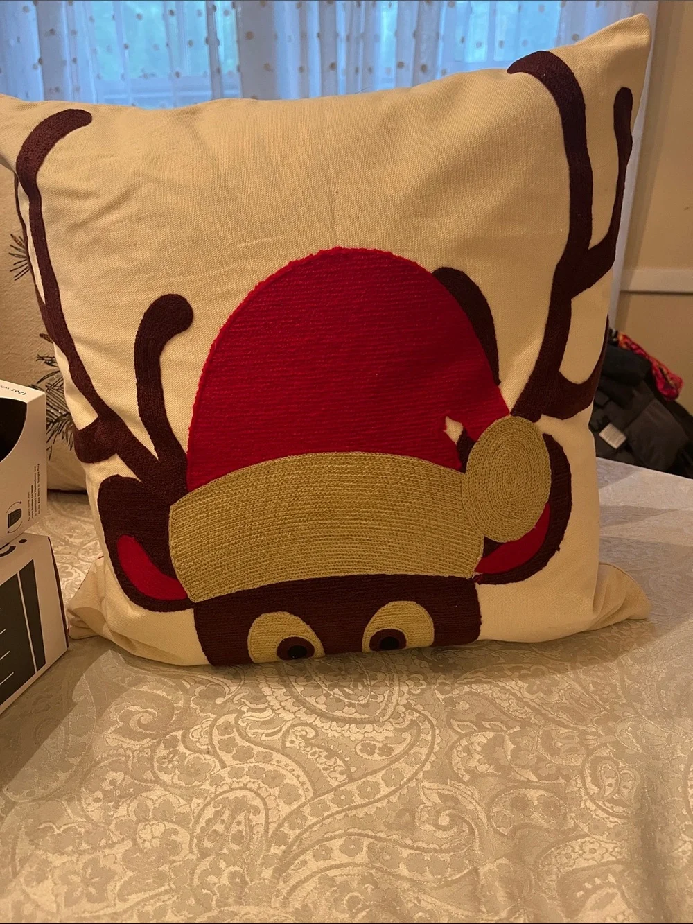 Garnet Hill Holiday Reindeer Cotton Embroidered Pillows. New! 2 available!